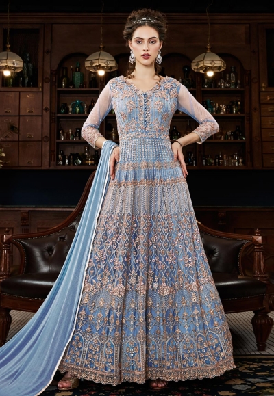 Light blue net embroidered ankle length anarkali suit  4537